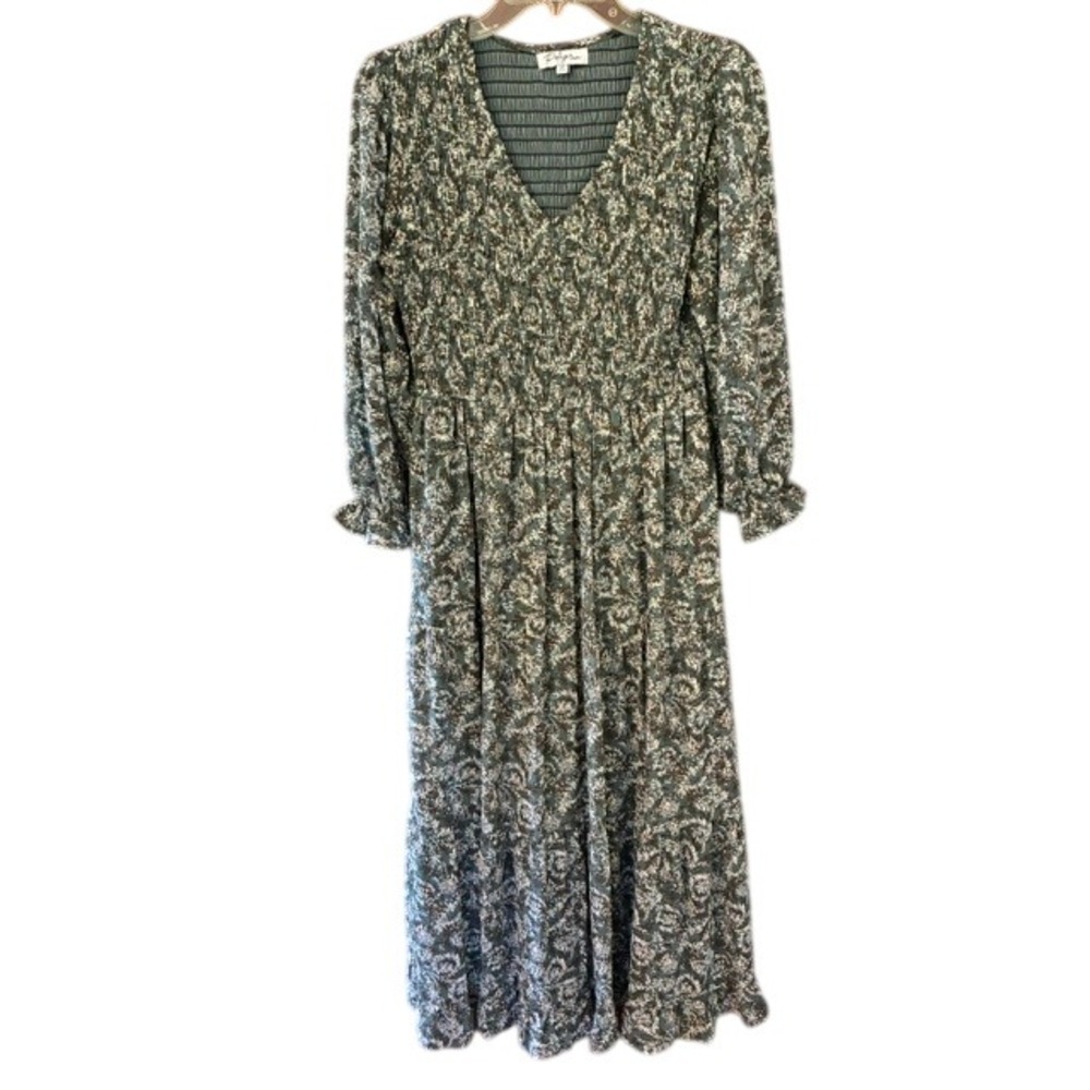 Polagram Midi Dress Women Size M Green New Smocked Tiered Floral Paisley V-Neck